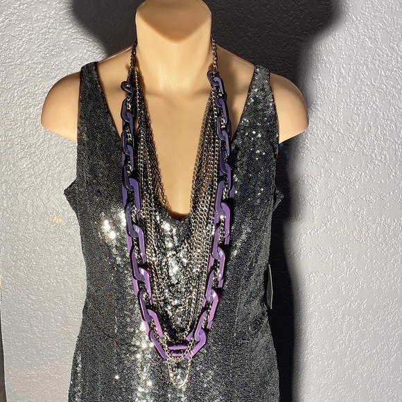 ADIA KIBUR - signed runway necklace w purple lucite links and multi metal chains - Picture 2 of 16